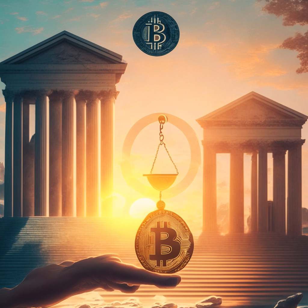 A courthouse under a setting sun, scale in one hand, and a Bitcoin & Ether coin in the other, symbolizing balance & justice in the crypto world. Use pastel shades for a futuristic, soft feel. Landscape to depict two paths diverging, signifying the SEC & CFTC. Mood: contemplative.