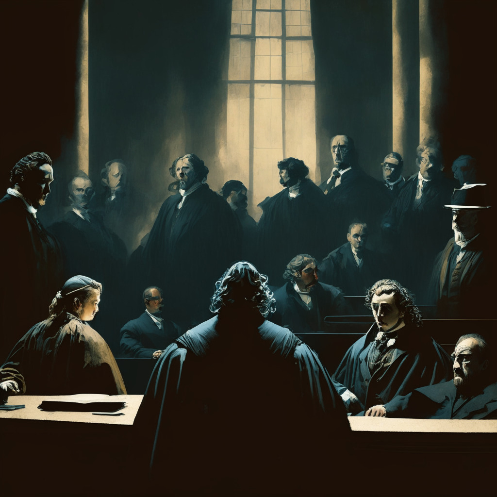 Dramatic courtroom scene, with the protagonists Roman Storm, Roman Semenov, Sam Bankman-Fried, visible in the foreground. A dark, Rembrandt-style illumination highlights their worried faces. Mix of 21st-century attire and Renaissance garb for a surreal approach. Shadow of a whale, representing the Bitcoin concentration, wallows in the distance. Muted colours, heavy on greys and blues, depict the intense and uncertain mood of the crypto controversies, creating a chiaroscuro effect. Exterior windows show a storm brewing, symbolizing the legal and ethical challenges ahead.