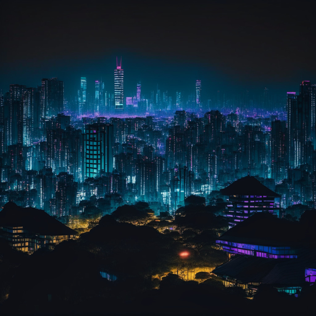 A nighttime cityscape of Seoul, Korea lit by subtle neon lights, an atmosphere of intensity. In the foreground, a golf course in shadows, hinting its former professional golfer's role in the scandal. The backdrop - a symbolic silhouette of a crypto exchange building, suggests the anonymous nature of cryptocurrencies. The shadowy figures representing the main players hint subterfuge, bribery, and debate, all under a clouded, tumultuous sky, capturing the undercurrent of a crypto corruption scandal. An overlay of blockchain lines glows throughout with a digital, Neo-Noir art style enhancing the mood of intrigue and innovation within the crypto industry.