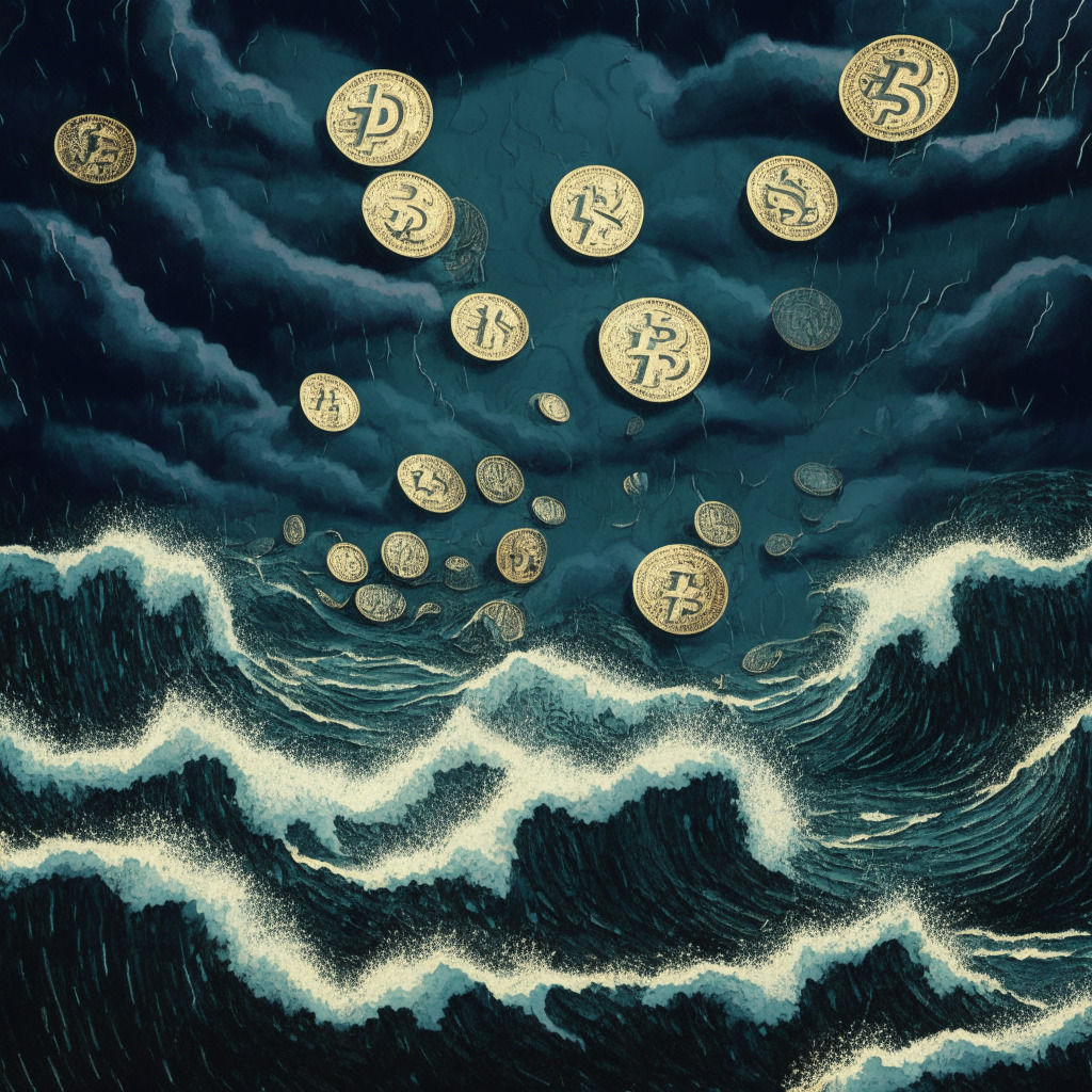 A chaotic financial storm swirling over a sea filled with sinking coins illustrating Ripple, Dogecoin, Polkadot, Polygon, and Uniswap, under a dark, broody sky. The volatile waves captured in an expressionist style to showcase the sudden dip in cryptocurrency. Bitcoin and Ether displayed as more stable islands in the maelstrom, all illuminated under sepia-toned, dim light, portraying a risk-laden, resilient atmosphere of the crypto world.
