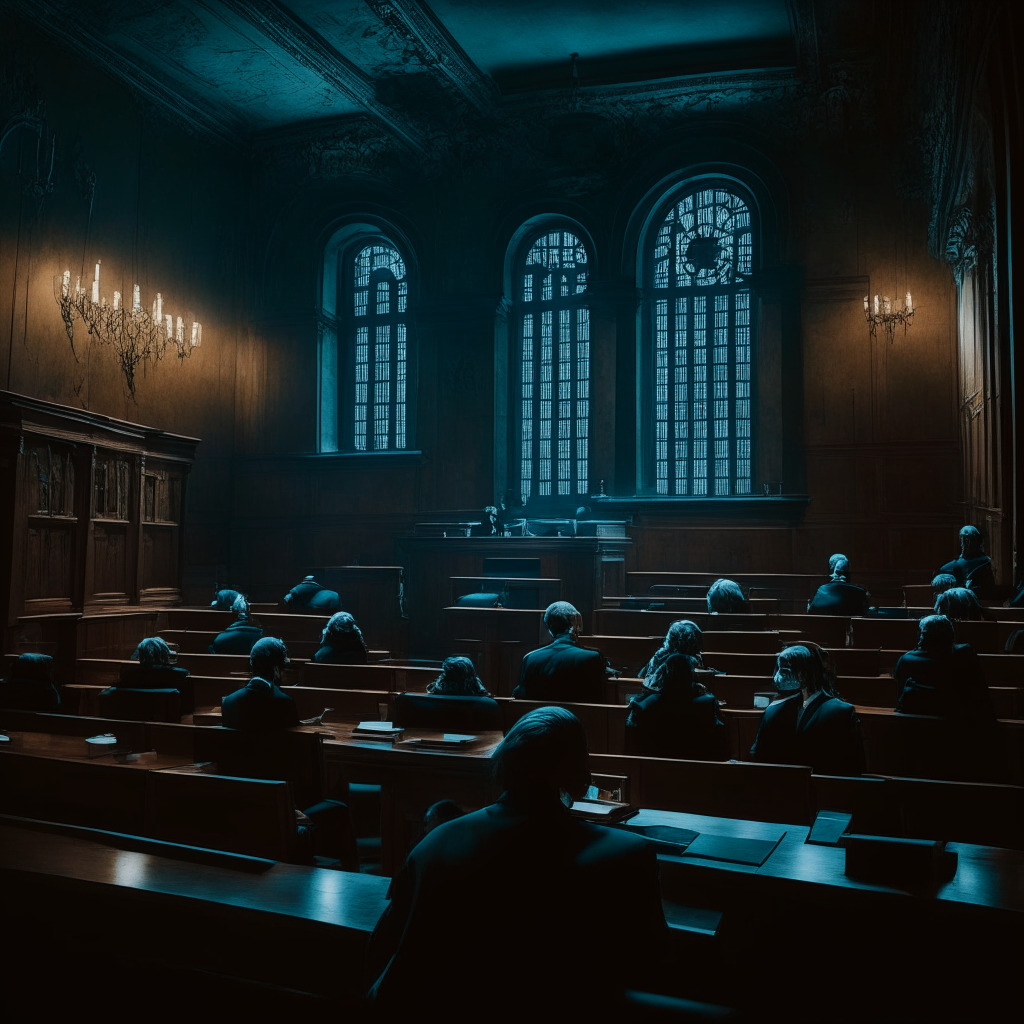 A gloomy courtroom in gothic style, in Lviv, Ukraine, hosting a seminar, with European Union officials leading an educational meeting on cryptocurrency crime investigation. Officers, academics, and international specialists are involved in deep discussion. The room is filled with a mood of grave determination, subtly lit by the soft glow of computer screens projecting blockchain networks.