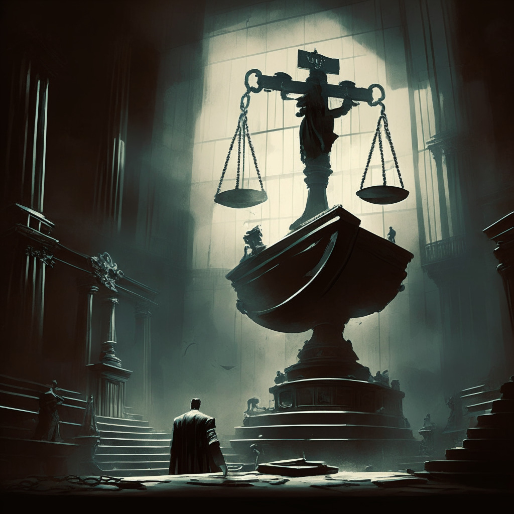 Dramatic courtroom scene, high-stakes tension, along with a somber mood, A towering gavel symbolizing justice, Cryptographic symbols and broken chains reflecting mismanagement, In the background, a perilous sinking ship representing a failed investment, Illustrative style, Chiaroscuro lighting creating striking contrasts.
