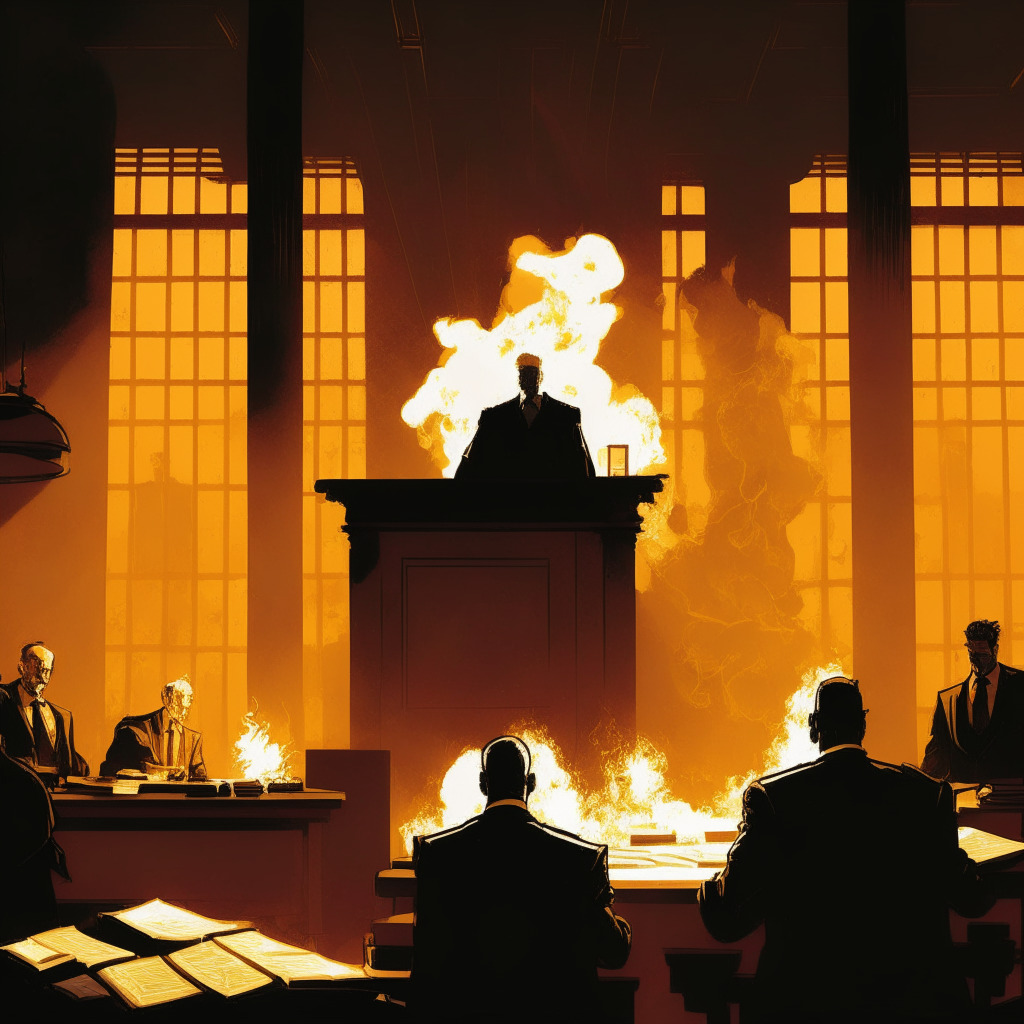Dramatic courtroom setting ablaze with golden light, a stern judge overseeing proceedings. In the dock, a confident, yet accused figure, Sam Bankman-Fried, surrounded by his active legal team. Elements of crypto coins, legal documents and a silhouette of a crypto exchange symbolize his crypto-life. The room carries a tense, anticipatory mood, shrouded by shadows of doubt.