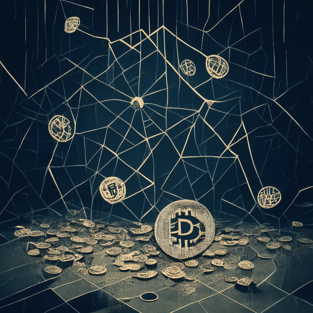 A chaotic network of cryptocurrency symbols in a dark, gloomy atmosphere. A large, distressed spider web in the background, ensnaring the coins. Three main coins in the foreground representing BlockFi, FTX, and 3AC. A faded court backdrop, symbolising a trial taking place, suggestive of legal disputes. In a Cubist art style capturing conflicting perspectives, and a spotlight casting long, ominous shadows.