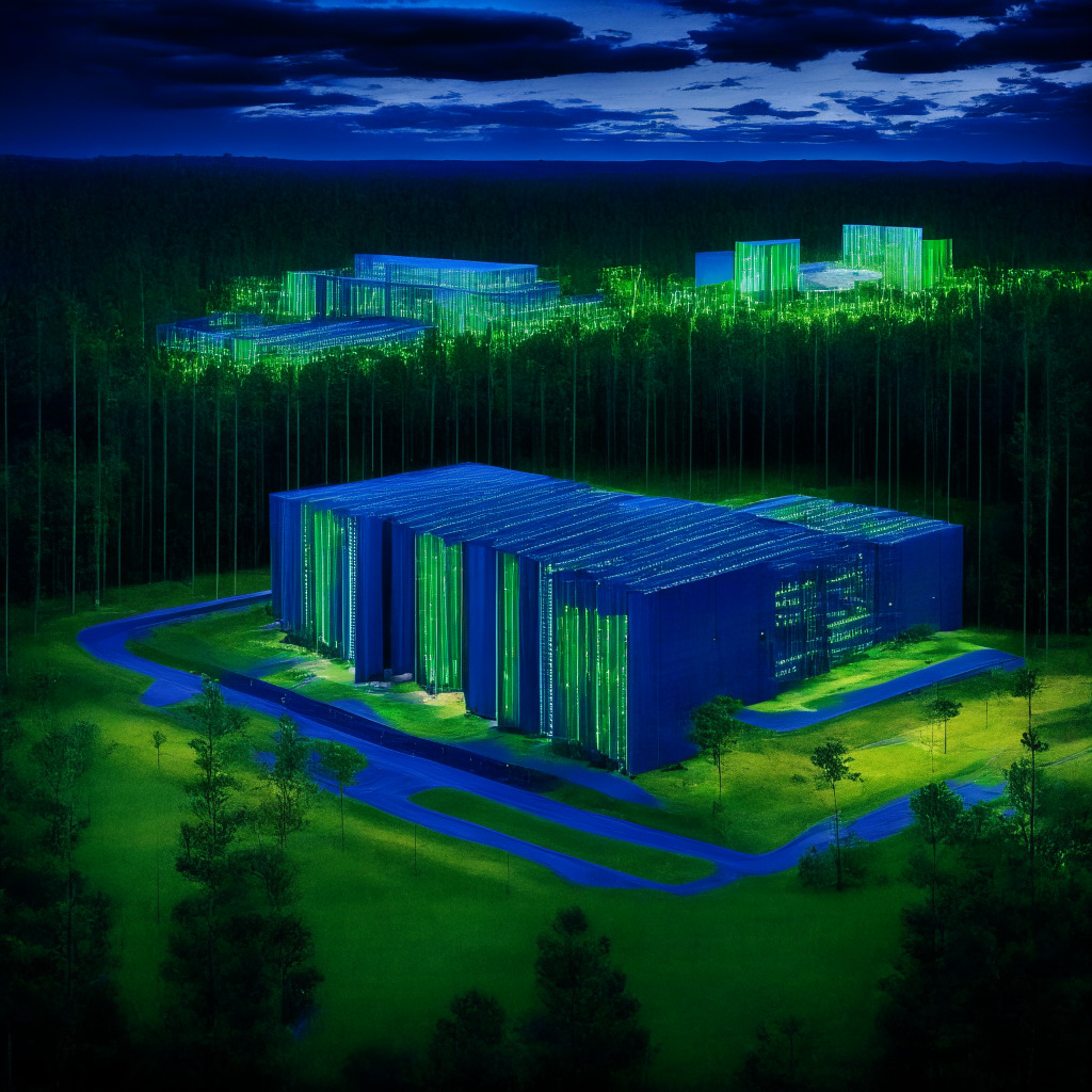 A large, modern data center bathed in a paradoxical blend of blue and green lights to represent the merging of technology and sustainability. The center is nestled amidst the verdant landscape of western South Carolina, a symbol of growth from a once-abandoned warehouse. Technological elements mixed with rustic surroundings create a symbiotic landscape. An underlying tone of uncertainty and anticipation fills the mood as Bitcoin symbols subtly pepper the scene, signifying the unpredictability of the crypto sphere.