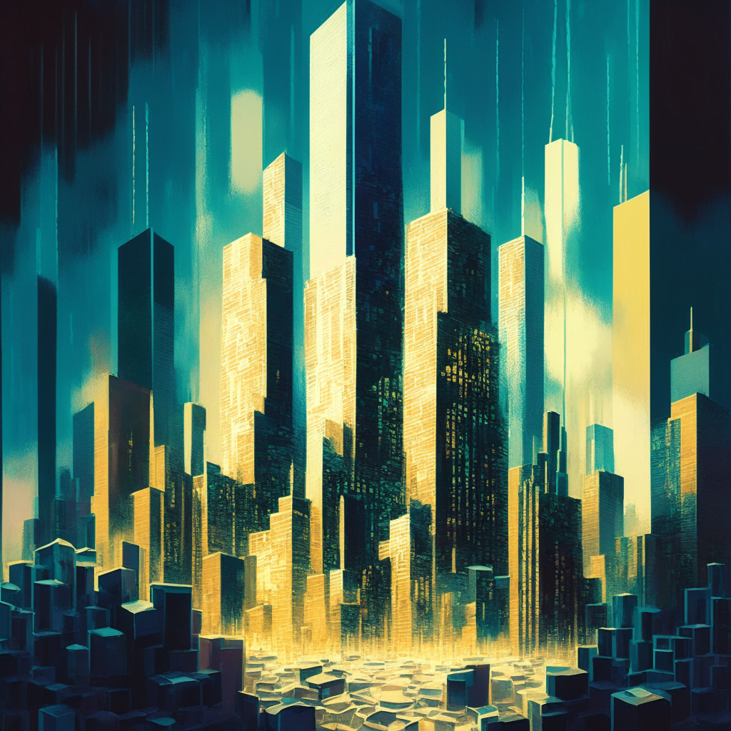 A dynamically lit crypto financial landscape with contrasting areas of light and shadow, representing winning and losing strategies. Central focus on a solid, sparkling Bitcoin tower, overshadowing smaller, fading crypto hedge fund skyscrapers. Subdued color scheme in oil painting style conveys the mood of uncertainty and risk, and intricate architectural details hint at the complex strategies employed, with some buildings visibly crumbling, suggesting closures and failures in the market.