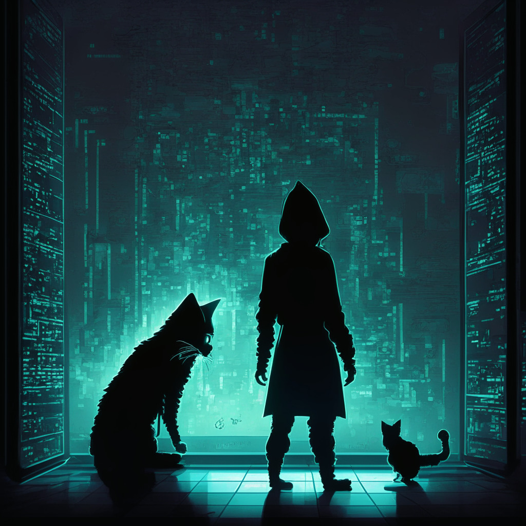 A mysterious figure within a digital landscape, showing a metaphorical transaction of crypto assets with transparency lenses reflecting activity of a decentralized exchange, illuminated by the glow of a moderator-grade screen light. The style captures a chiaroscuro intensity, with a mood of suspense and anticipation; it's a game of cat & mouse between hacker and cypher protocol. The atmosphere is ambiguous while subtly representing the aftermath of a crypto heist.
