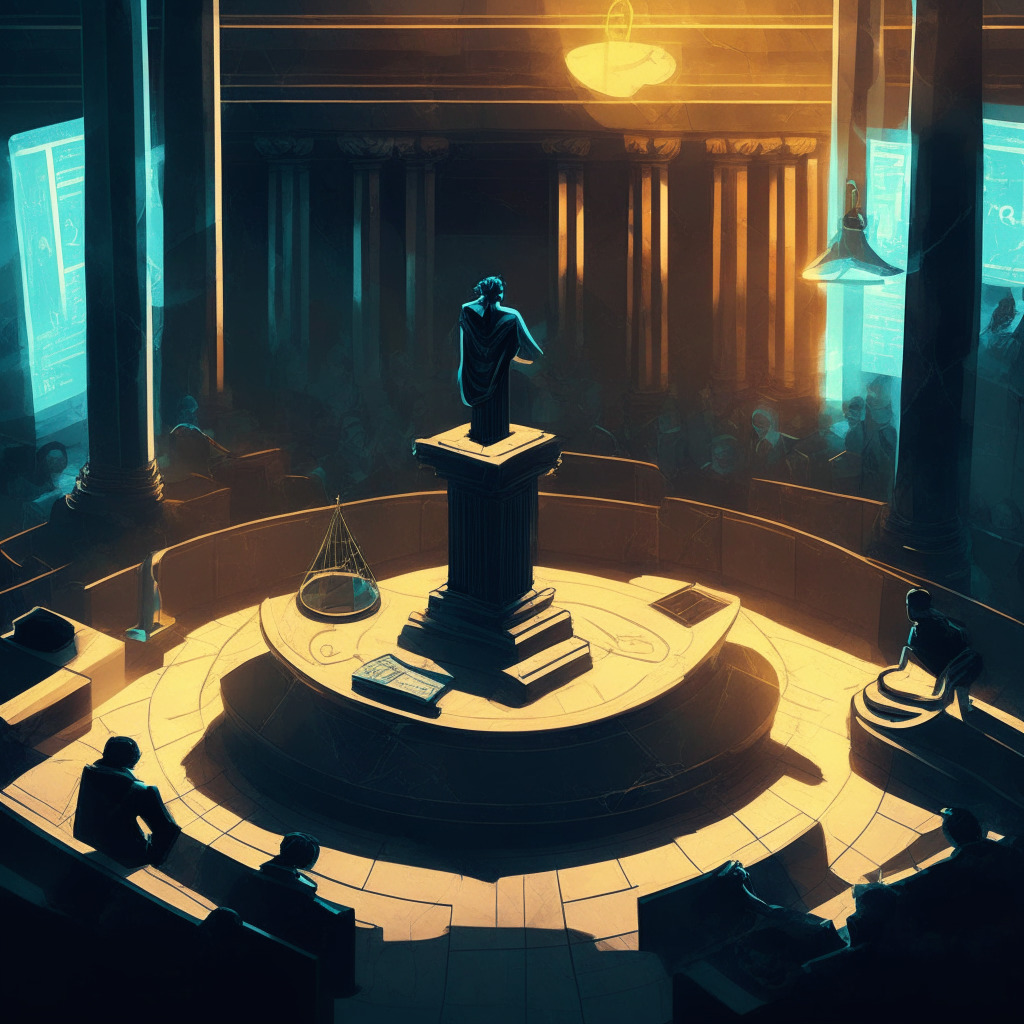 Anigmatic courtroom scene in chiaroscuro lighting, dominates with colors of honesty and deception. In centre, a cryptocurrency, symbolizing the accused, being weighed on balance scales, the scale tips towards a piece of paper symbolising a bond. Backdrop of blockchain coding, symbolizing the industry the courthouse is built from. Mood: Struggle for truth.