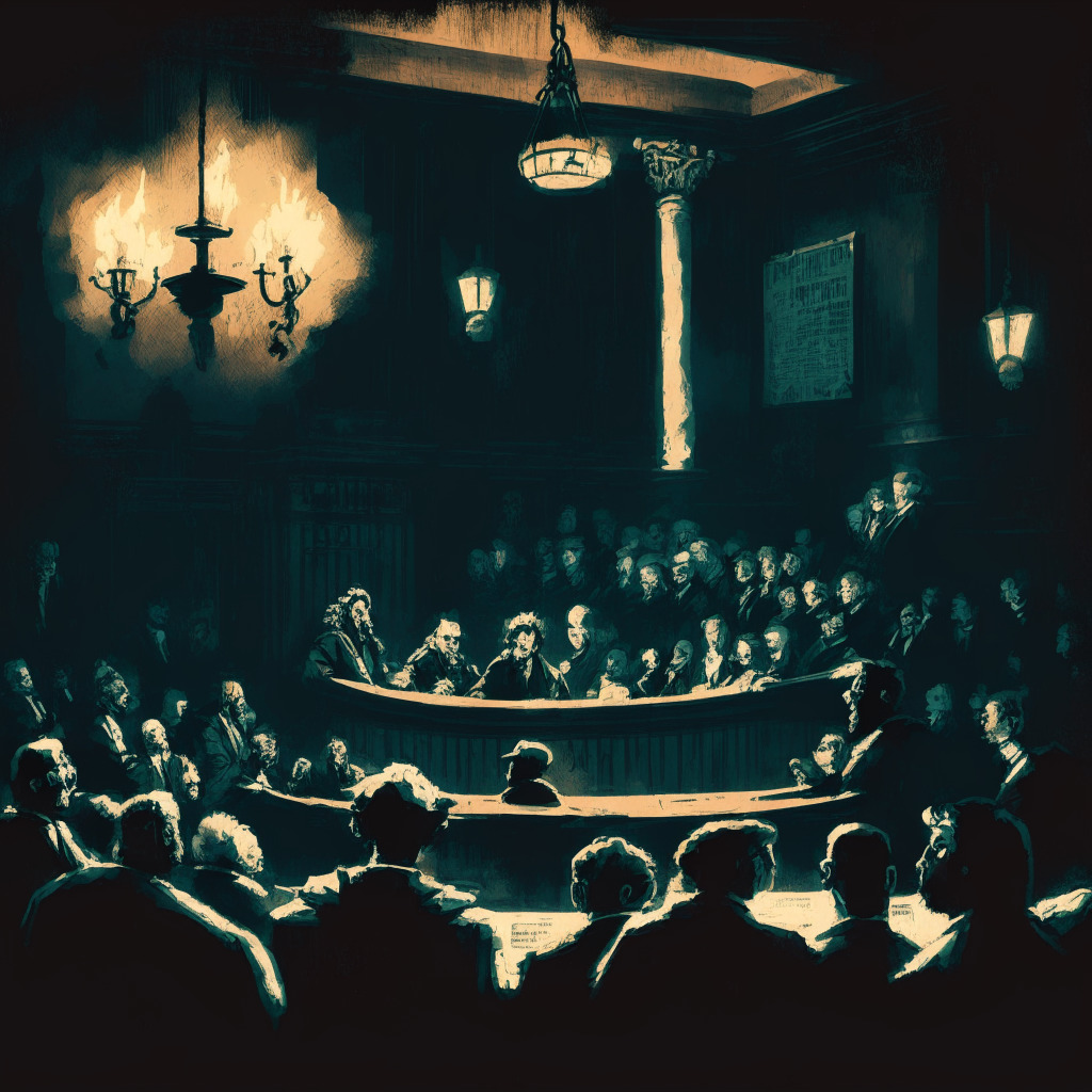A darkly lit courtroom scene, painted in the style of Rembrandt, capturing a tumultuous series of events in the crypto market. The main focus, a large, pixelated Bitcoin seen sinking into choppy waters, with smaller cryptocurrencies following suit. In the background, shadowy figures depicting regulators from the SEC, IRS, and political candidates each expressing different views. The tone is urgent, reflecting the volatile uncertainties. Light sources sporadic, highlighting the lawsuit, new tax rulings, and the opposition across the court while deep shadows illustrate market plunges and bearish trends. The mood overall is heightened and tense, yet a glimmer of hope shines on broader possible digital assets.