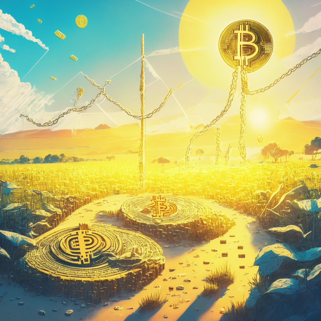 A sunny, digital sunrise illuminating a tranquil crypto landscape, Bitcoin and Ether stable on a blooming market field, tightly bound by thin, golden chains. Off to the side, the emblematic symbols of altcoins like HBAR with an upwards arrow, RNDR balancing on an inclined plane and ApeCoin breaking a downward trend, stir the atmosphere, all being lit by the delicate glow of possibility. The mood is optimistic, hopeful, yet cautionary, embodying the high-risk-high-reward nature of crypto presales.