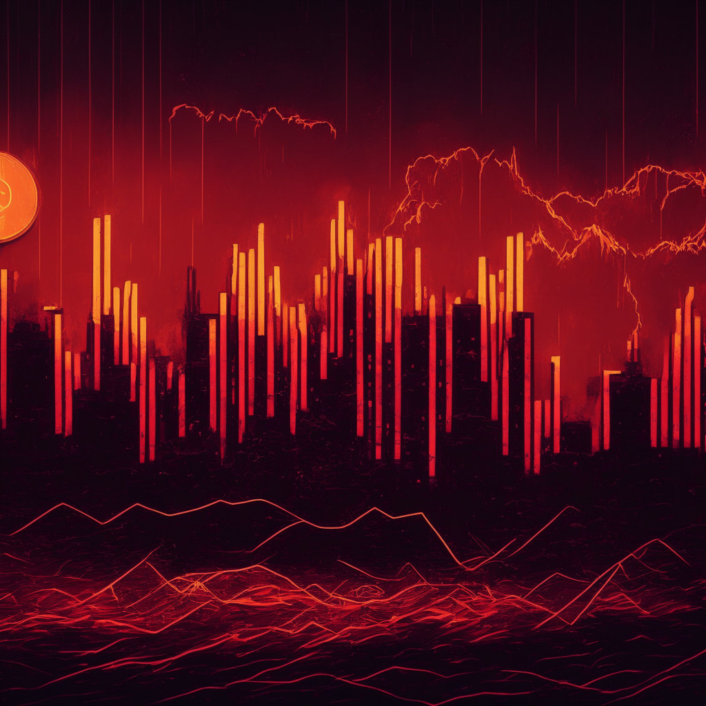 A dystopian financial landscape, plunging red line graphs representing cryptocurrencies such as Bitcoin and Ether, glaringly highlighted with a billion-dollar burning effect for liquidations. Render it in an impressionist painting style, bathed in somber twilight hues for the deep market downturn mood.