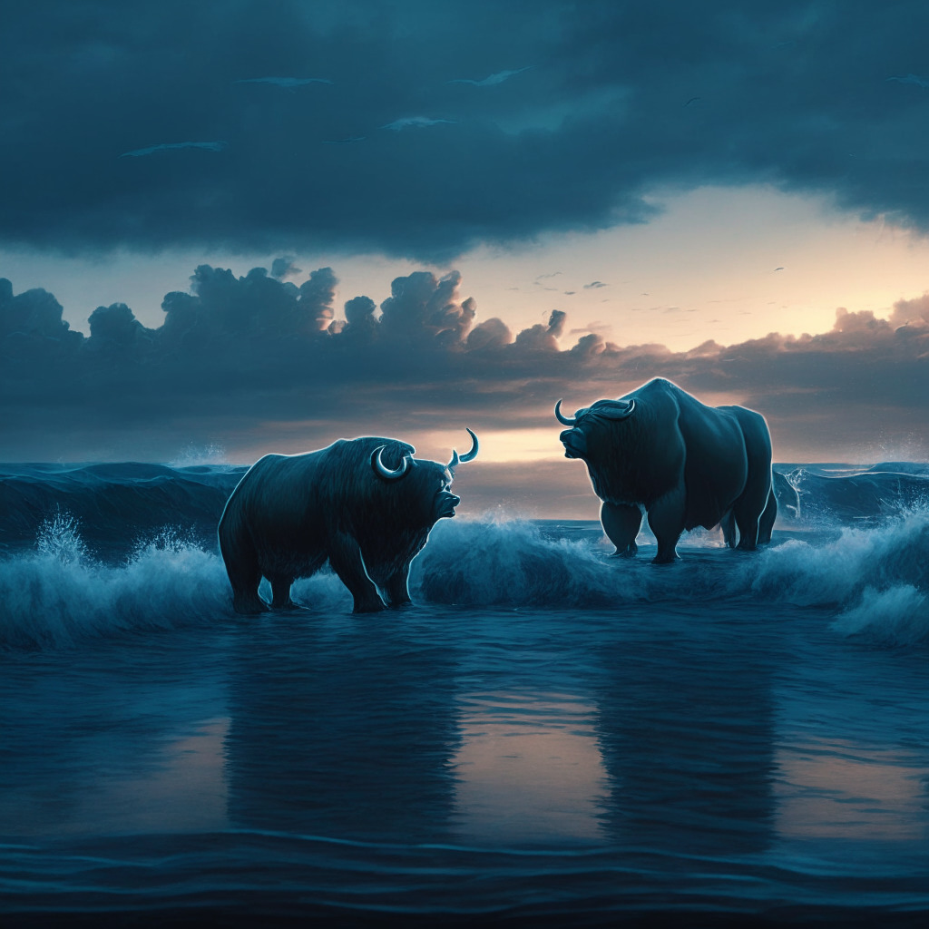Dusk setting on a cryptic, turbulent sea, symbolizing fluctuating cryptocurrency market. Dominant tech blues and financial greens infuse the scene, with occasional pessimistic tones mirroring market downturns. In the foreground, a bear and bull in heated standoff, their tension mirroring investors' anticipation. The overall tone is moody, suspenseful, and whimsical.