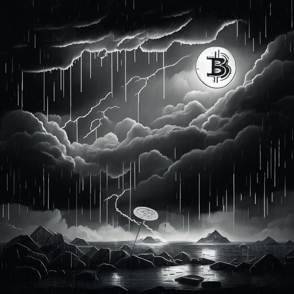 Depicting a gloomy financial landscape at dusk, laden with dense stormy clouds representing a downturn in crypto markets. To the side, show Bitcoin and Ether tokens dropping from the sky as raindrops. Design it in monochrome to capture the grim atmosphere. Include under the storm a brave few tokens, THORChain's RUNE and Kava, glowing with a hopeful light against the darkness, hinting at resistance. Finally, integrate potential investors standing on a precipice, looking at the stormy scene with an aura of between risk and reward, to indicate the uncertainty and high stakes involved.