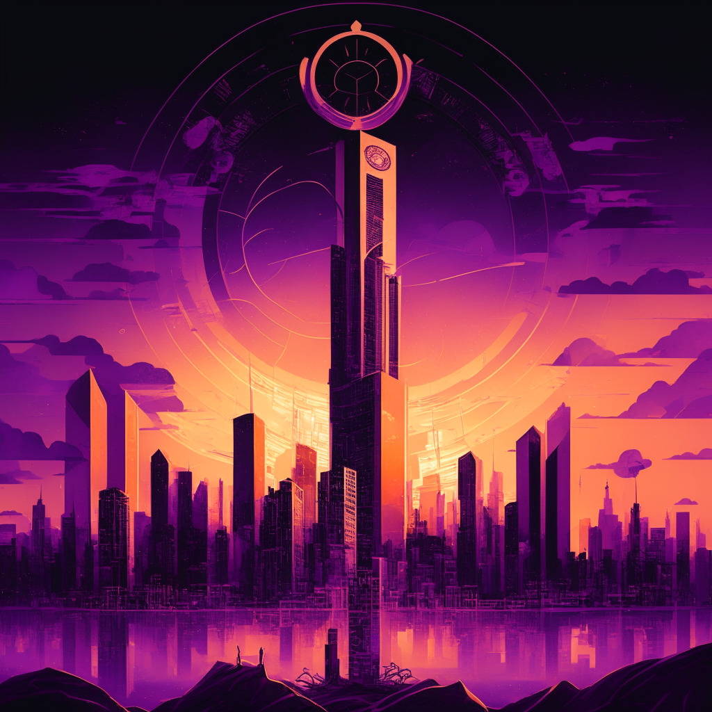 An enthralling scene of a city skyscape at dusk, intense hues of purple and orange drape the skyline. Economical elements like crypto coins, an upward moving graph, the Federal Reserve Building, are scattered imaginatively. An hourglass represents the determinant time, and a dollar token captures the essence of stablecoins. All elements are depicted in a neo-futuristic style, creating a nuanced, anticipative mood.