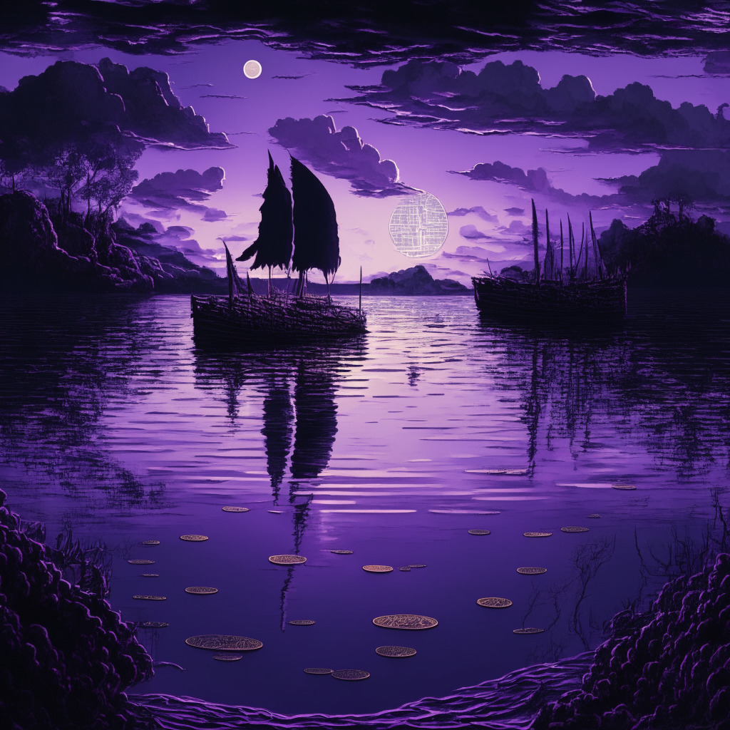 A tranquil lake under a purple dusk sky echoing crypto market's calm phase, shrouded with underlying turbulence, like a storm brewing behind the scenes. Bitcoin, Ether, and alternate coins are visually represented as still sailing ships on glassy waters. Subdued colors illustrate decreasing price movements, with a shadowy, slumping 'meme-coin' ship symbolizing SHIB's decline. Whispers of diversification appear as miners on shore embarking on a new venture towards a silhouetted structure, idea of high-performance computing services. Overall painting style could evoke a sense of subtle suspense, hinting uncertainty, anticipation, and resilience.