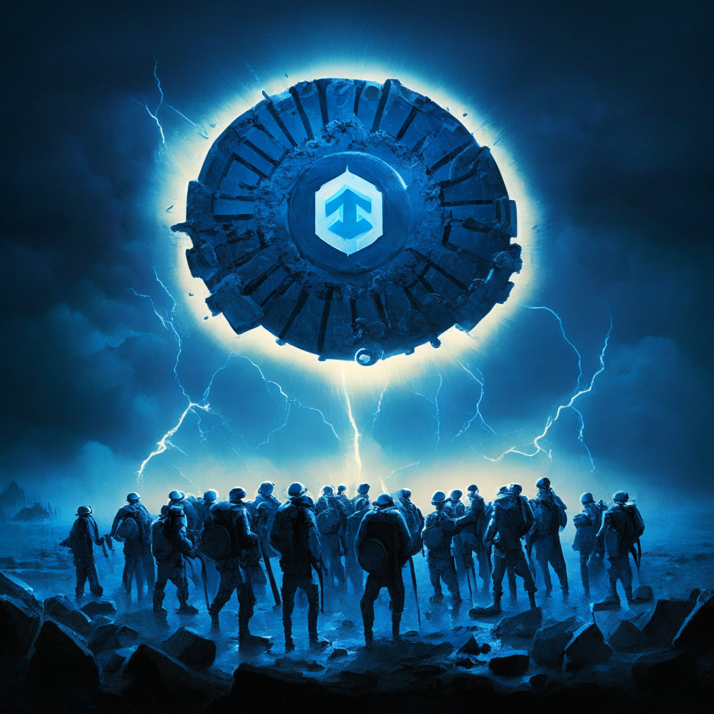 Cryptocurrency miners form an alliance at dawn, standing determined in a semi-circle, confronting a looming storm representing regulatory upheaval. A shield emblazed with symbols of sustainable energy, resilience, competitiveness and national security rests by their side. The atmosphere is tense, bathed in the cool blue light of morning, belying a symbol of hope.