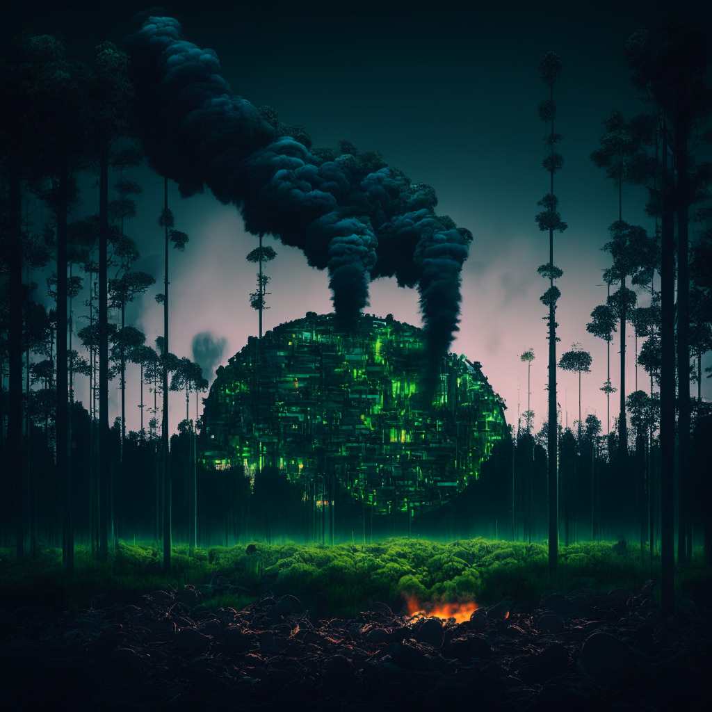 A fusion of industrial and nature scene under a twilight sky, with a crypto mining plant fueled by stacks of shredded tires, at the heart of a green forest landscape. The plant emits a smoky haze, hinting at air pollution, juxtaposed with a few Bitcoins being mined or downloaded from a cloud. Gradient light effect underlining the contrast between 'sustainable' vs 'polluting'. Mood: Thought-provoking.