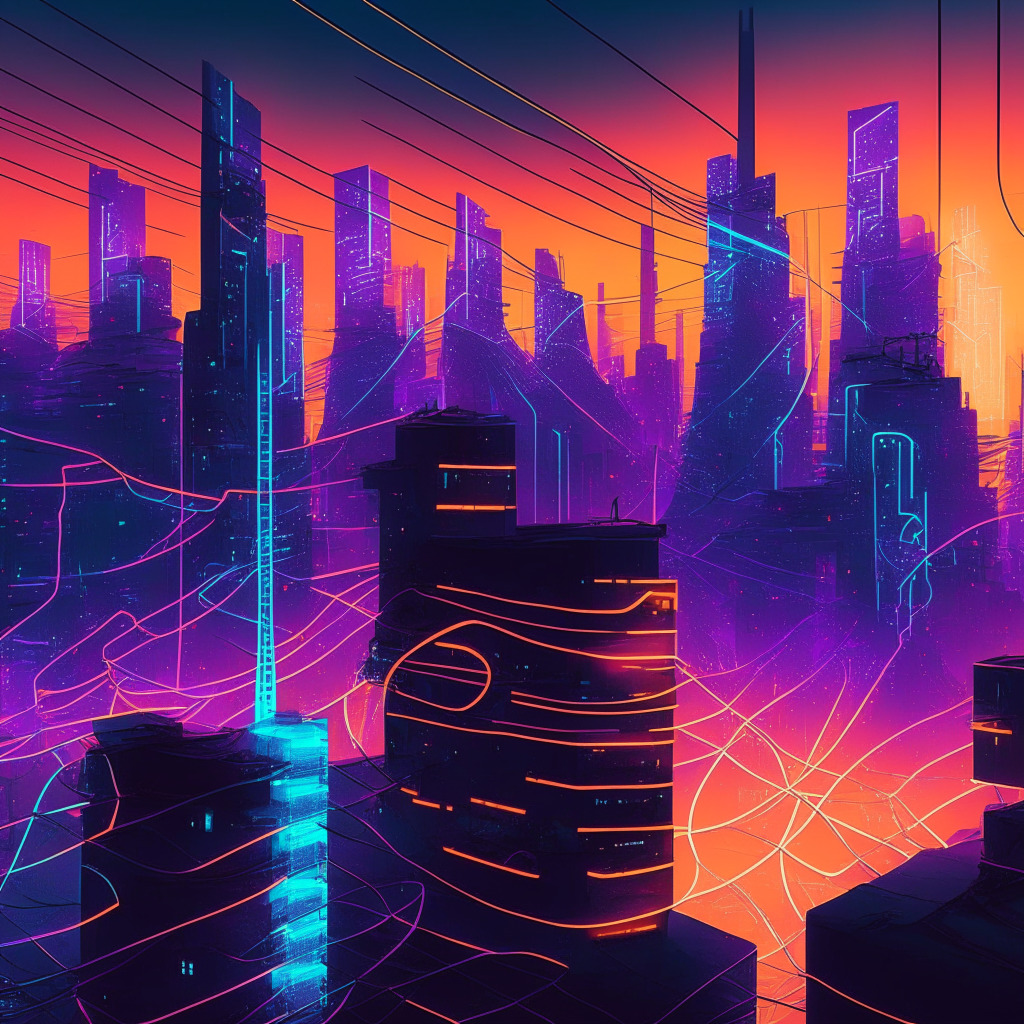 Visualize a vibrant, futuristic cityscape at dusk. Energy waves pulsating from digital structures symbolize crypto miners. Emphasize their positive impact on the grid with luminous arcs transferring power to public buildings. Conflate traditional power lines with the Blockchain's interconnected nodes. Convey the controversy around mining through contrasting warm and cool color tones.