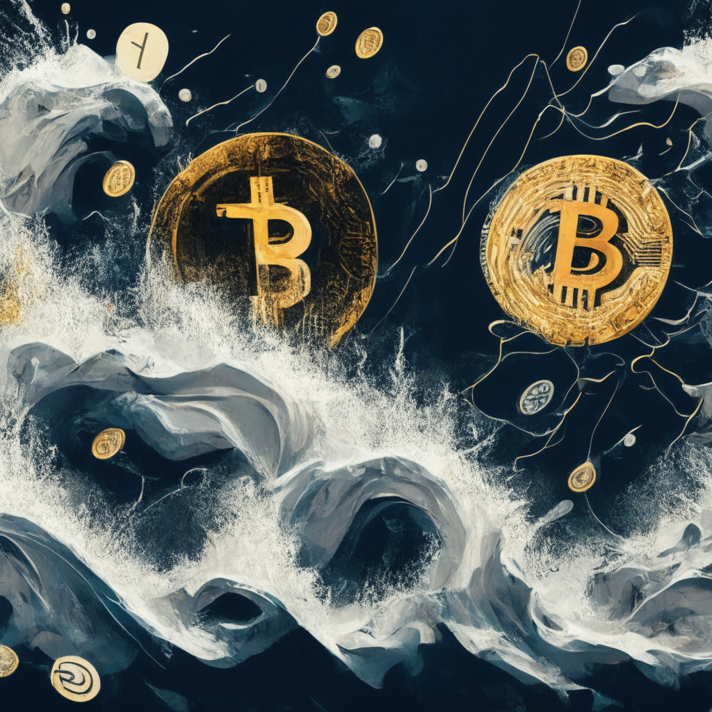 An abstract digital scene embodying the volatility of the crypto market, featuring symbols for Bitcoin and Ethereum, their values immersed in fluctuating waves, signifying 'maximum pain' levels. Incorporate a monochromatic scheme, high-contrast lighting, and a chaotic brushwork style, capturing the tense, uncertain mood of the article.