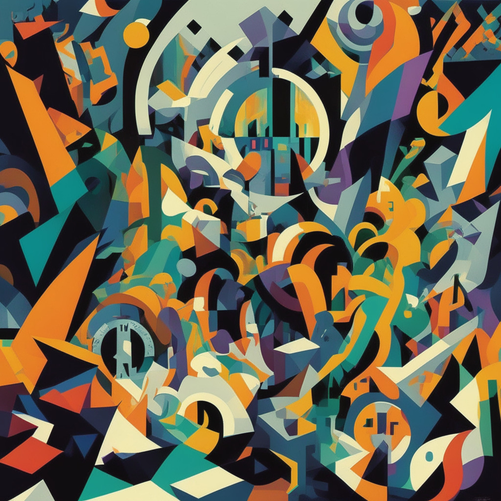 Depict a dynamic financial market in midday, filled with swirling numeric figures and symbolic crypto icons, Bitcoin and Ethereum notably prominent. Fluent in cubism style, the colors morphing from bright to somber shades, depicting fluctuations. An undertone of uncertainty pervades the frenetic scene, reflecting volatility and cautious manoeuvring.