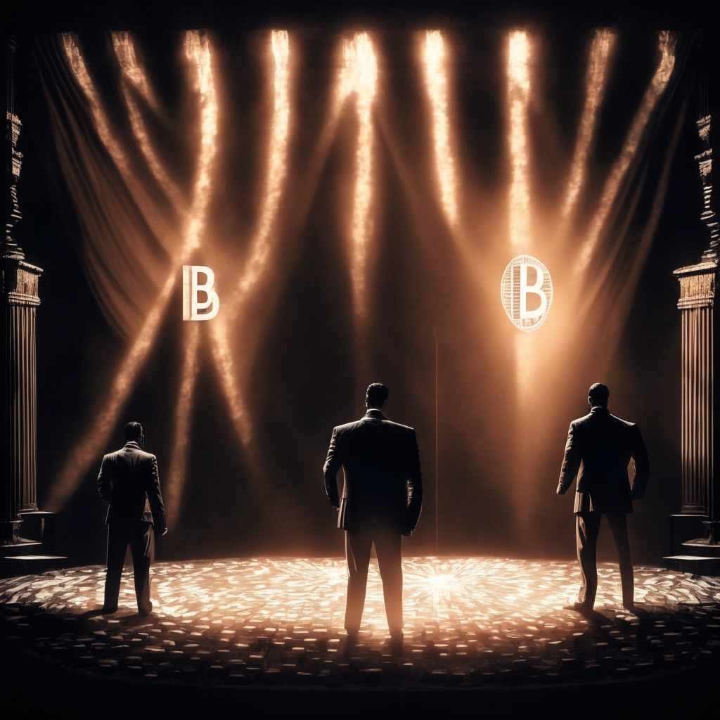 Political debate stage under warm, dramatic spotlight, dramatic chiaroscuro style. Reference to cryptocurrencies subtly woven - Bitcoin symbol, binary code on banners. Ron DeSantis & Vivek Ramaswamy figuratively stand apart - opposing stands on crypto. Mood: tense, anticipatory.