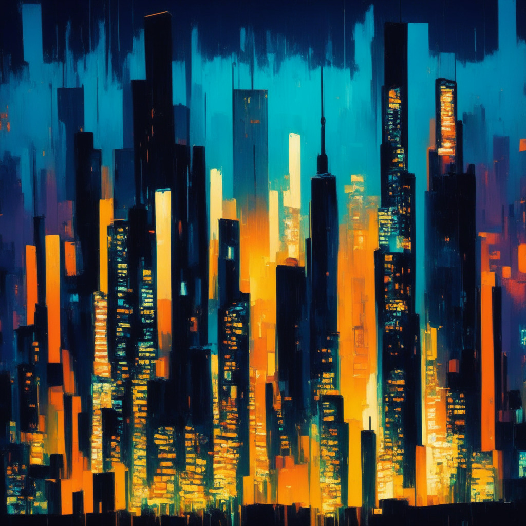 A vibrant metropolis skyline at dusk, depicting towering structures symbolizing crypto exchanges, the tallest building marked with 'Upbit', surpassing the others in height. The 'Coinbase' and 'OKX' buildings slightly shorter nearby. Feel the surge of energy in warm, glowing lights. The agile movement of abstract figures symbolizing trading, set in expressive impressionist style painting. Overall, a bustling yet focused mood, as if attesting to a pivotal moment in history.