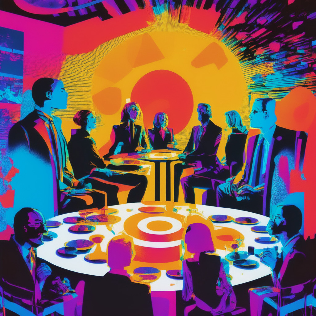 Vibrant political roundtable under soft, evening glow, featuring abstract representations of presidential candidates, with varied opinions on digital assets. Applying a 'crypto' pop art style, present a contrast of candidates - some cautious, some enthusiastic. Cast a mysterious, yet hopeful, overarching mood to reflect the uncertainty and potential of crypto regulation's future.