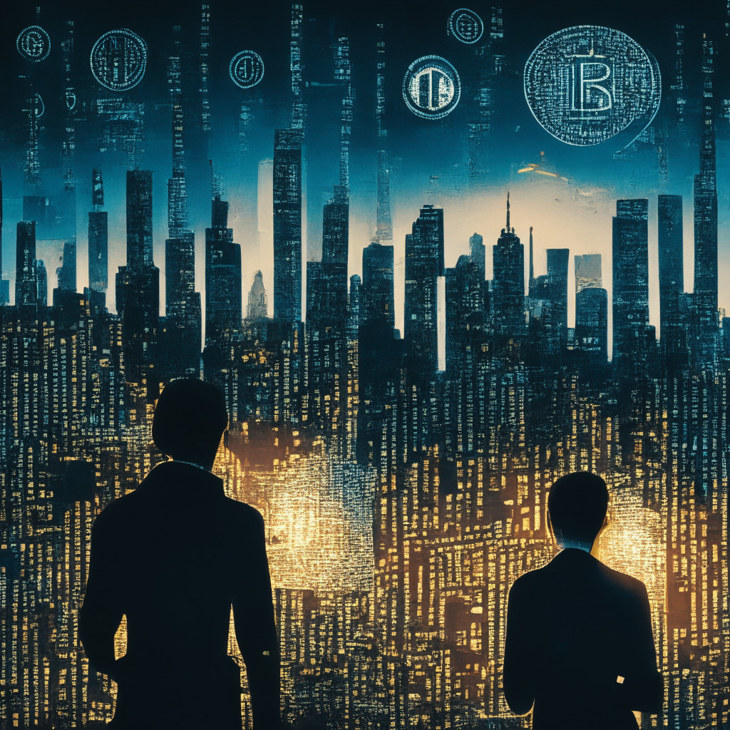 An illuminated cityscape at twilight, fused with cryptic blockchain patterns in the skies, reflecting a resurgence in crypto activity. The city's high-rises symbolize rising Bitcoin, Solana, Toncoin, Chainlink values. Predatory shadows lurk, hinting sham tokens threat. A magnifying glass inspecting a token suggests due diligence, while silhouettes of Cathie Wood, Mike Novogratz depict optimism. The mood is cautious excitement, the style, neo-futurism.