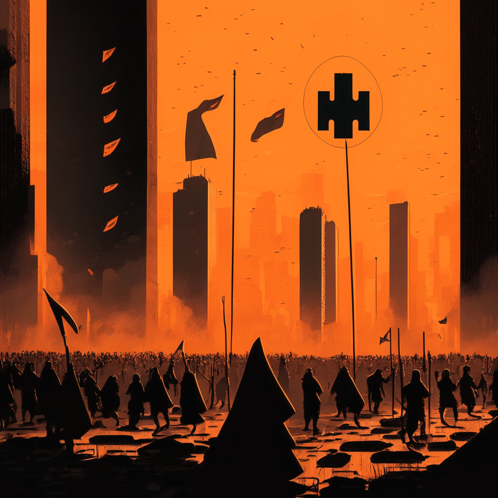 Dark, unsettling cityscape bathed in an orange hue, reflecting a tense, troubled atmosphere. A massive waving flag embossed with cryptocurrency symbols, casting long shadows on the scene below, symbolizing systemic compromise. A phishing hook subtly laid in the scene, depicting deceptive tactics. Foregrounding a flock of worried human figures embodying users' unease and uncertainty, grim tensions amidst their faces under a looming question mark, representing security doubts.