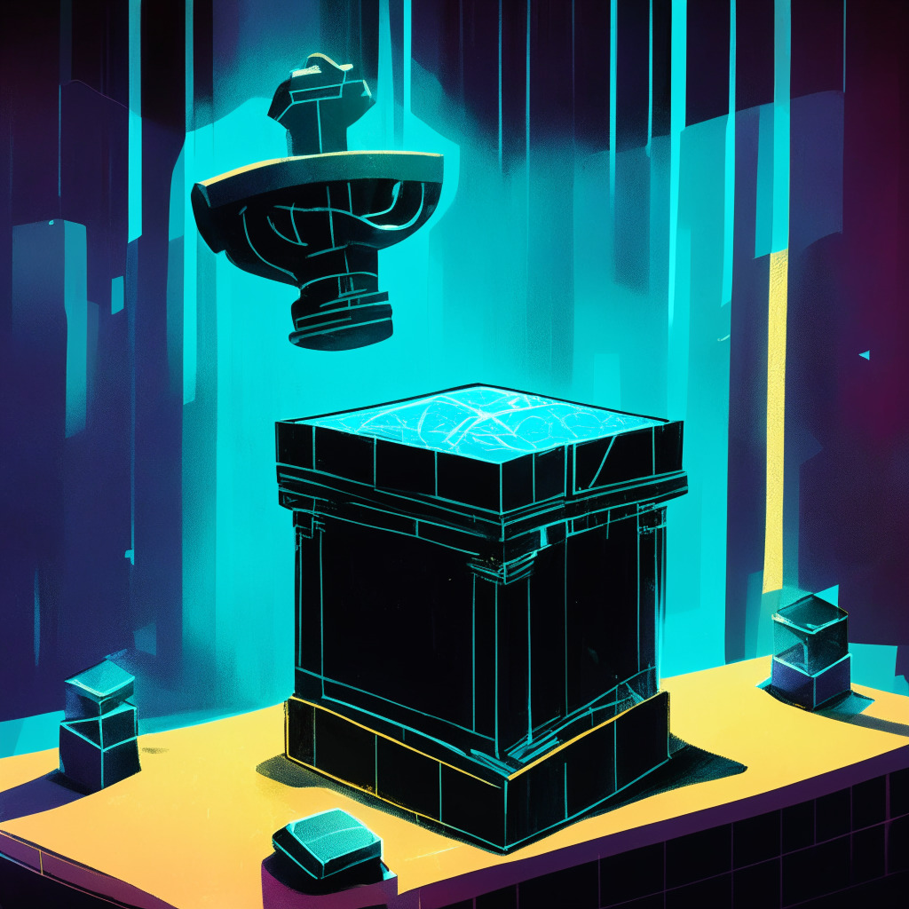 A chastising gavel hovers over a cryptographically obscured box representing a fraudulent cryptocurrency operation. The somber courtroom scene is rendered in a blend of cubist and abstract expressionistic styles. The palette is dominated by cold hues mirroring the serious mood, with piercing shafts of artificial light playing off metallic surfaces.
