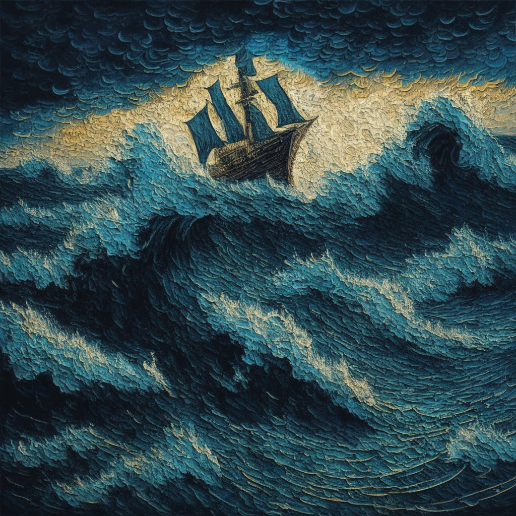 A chaotic, bitcoin-inspired artwork, Van Gogh style brush strokes, turbulent seas at dusk. Waves represent volatile cryptocurrency market, a ship symbolizing ether capsizes, a bolt of lightning indicates sudden market nosedive. The mood, tense and uncertain, translates the liquidation event.
