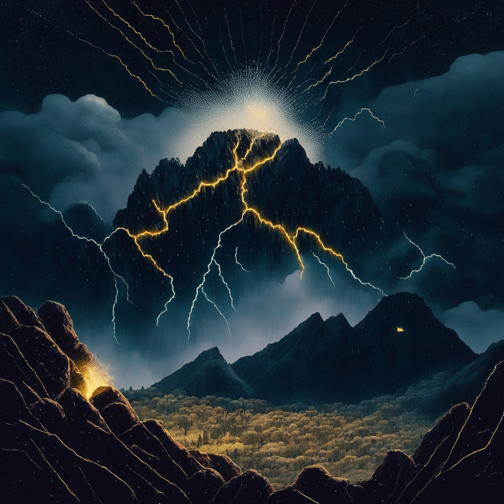 A gloomy valley representing the downturn of Hedera Hashgraph: a fallen meteor indicating the -90% drop, jagged cliffs portraying the bearish pattern, ominous storm clouds reflecting future plunge risk. Contrasted, a bright, piercing comet blazing upwards represents the rise of XRP20, leaving a golden trail of 6,629x potential gains. Mood: intense struggle, exciting potential.