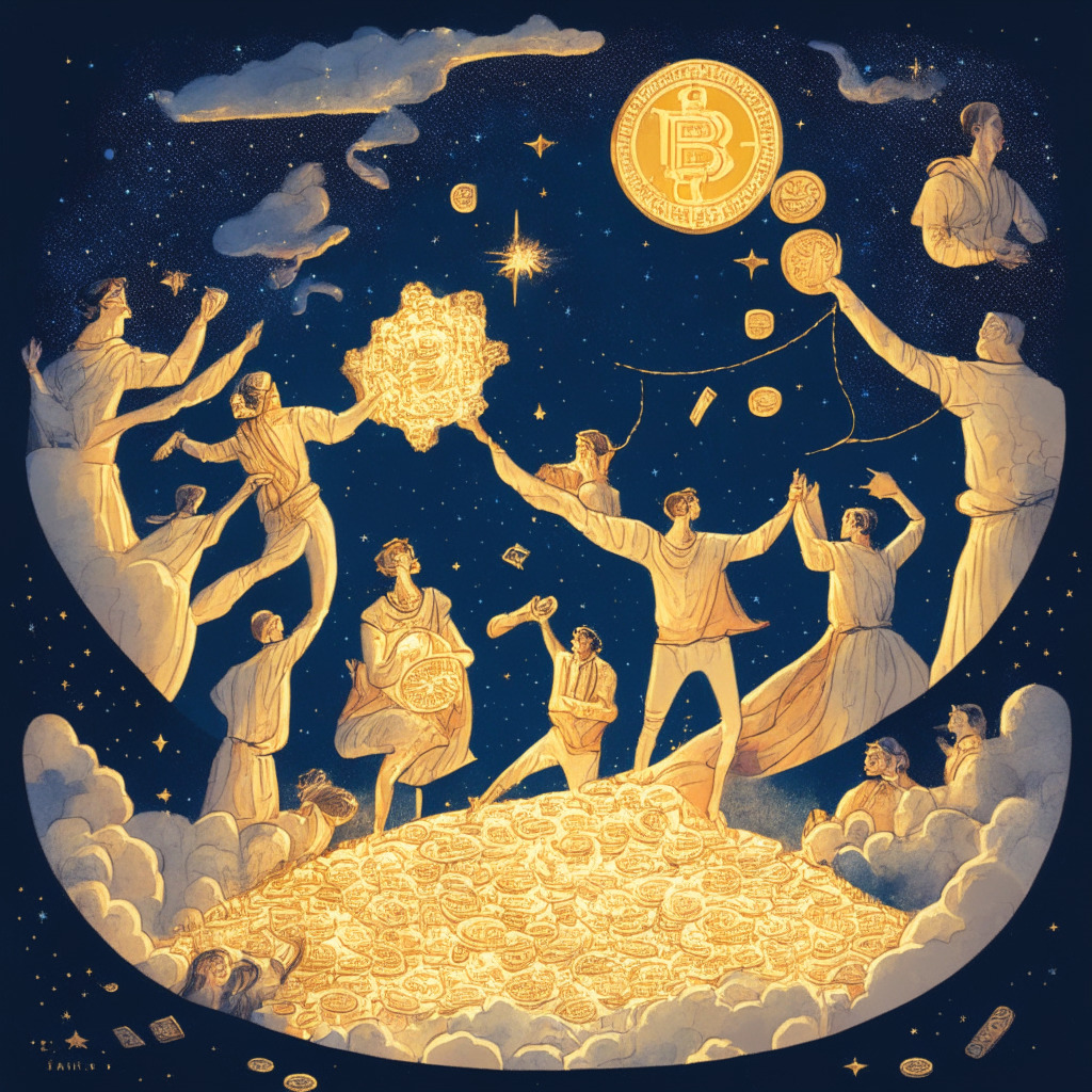 An image illustrating the concept of cryptocurrency solidarity. In a cool evening setting under a constellation filled sky, an ornate gold coin representing Curve tokens pours from a vibrant celestial wallet. A determined figure, symbolic of Justin Sun, supports a crumbling faceted crypto structure, representing Curve Finance. An energized crowd of figures in soft pastels represent individuals and organizations aiding in the stabilization. The mood conveys hope, unity and resilience in a challenging situation.