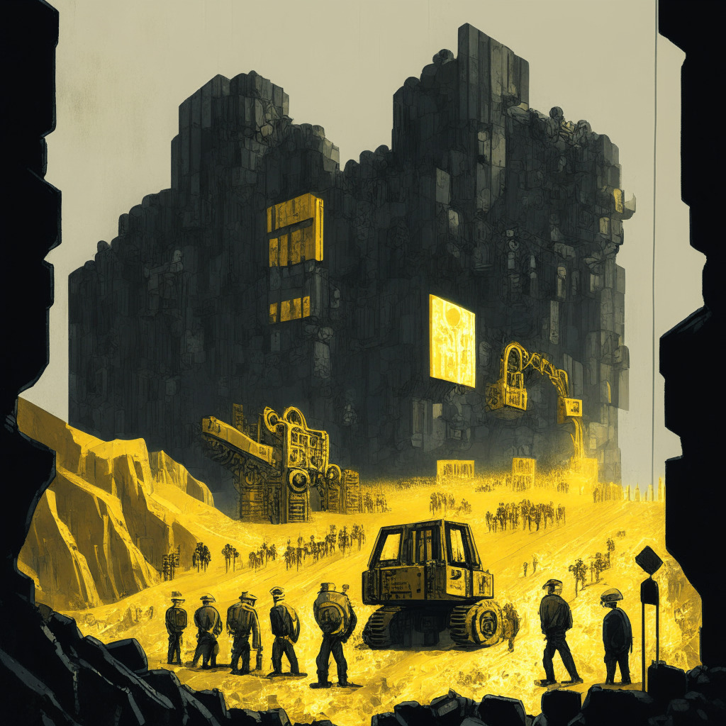 Depiction of the blockchain mining industry dominated by crypto titans, presenting a somber scene of small miners overshadowed by the towering operations of digital giants. The canvas to exhibit shades of gold and grey to represent disparity in wealth, a strong spotlight on the colossal machinery of the larger entities, contrasting the dimly lit and struggling smaller operations. Mood of the image to be a mix of despair and anticipation, showcasing the double edged sword the boom is for smaller players.