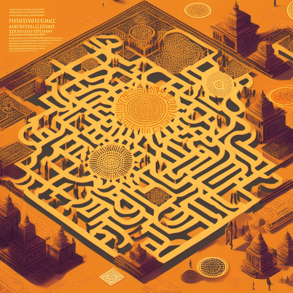 An intricately detailed digital scene showcasing the Indian Ministry of Electronics and Information Technology. Elusive figures navigate a symbolic maze representing India's ambiguous stance on cryptocurrency. In the center, a new indigenous web browser illuminates the scene, radiating soft, optimistic light. This browser handles a vibrant crypto token, symbolizing digital signatures. A palette in shades of warm oranges, golds, and teals creates a mood that oscillates between anticipation and intrigue, reflecting the contradictory state of crypto acceptance in India.
