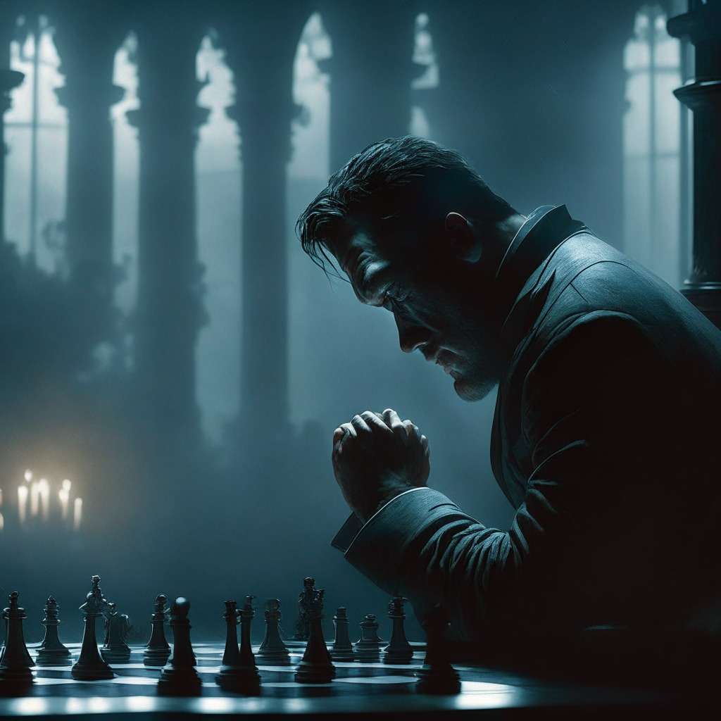A weary man with battle-weary eyes playing chess, light casting dramatic shadows, in an imposing regal courtroom. Expression tense, evoking a sense of gravity and high stakes playing in diffuse moonlit ambiance. A digital storm brewing outside, symbolizing the volatile nature of the crypto world. Spectators in blurred background holding tightly, expressing anxiety, anticipation.