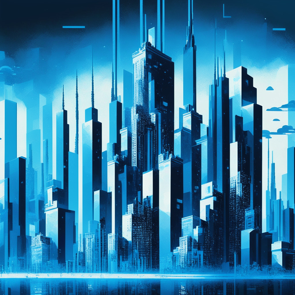 A bustling crypto universe backdrop, blockchain structures stand like skyscrapers. Evocative of Friend.tech's volatility, a building symbolizes its waning influence as it fades into a cool blue hue. Close by, a Binance-esque structure under scrutiny, contrasted by Ethereum's scalable success symbolized through growing towers. Incorporated into the scene, bridges embody Shibarium's struggle and recovery. Appendix of DeFi platforms depicts prospective autonomy, shadowed by ill-intent, encapsulating fraud scandals. In the foreground, a crumbled PEPE token memorial speaks to the volatility of meme coins. Art style: Bright, cyberpunk aesthetic. Mood: Dynamic, cautionary, and intriguing.