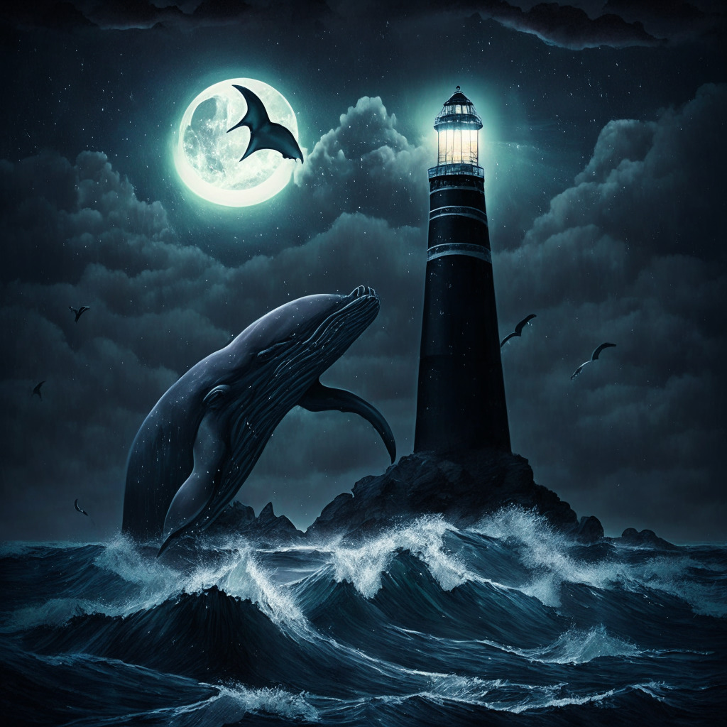 A dark, tempestuous ocean under a stormy sky, the moon casting a subdued silver glow. A colossal obsidian whale, embodying the significant crypto investors, scoops up glistening sapphires, symbolizing Ethereum, from the turbulent waters. A distant lighthouse, illuminating the volatility of the crypto market. Render the scene in a surrealistic style to embody the unpredictable, mysterious nature of the market.