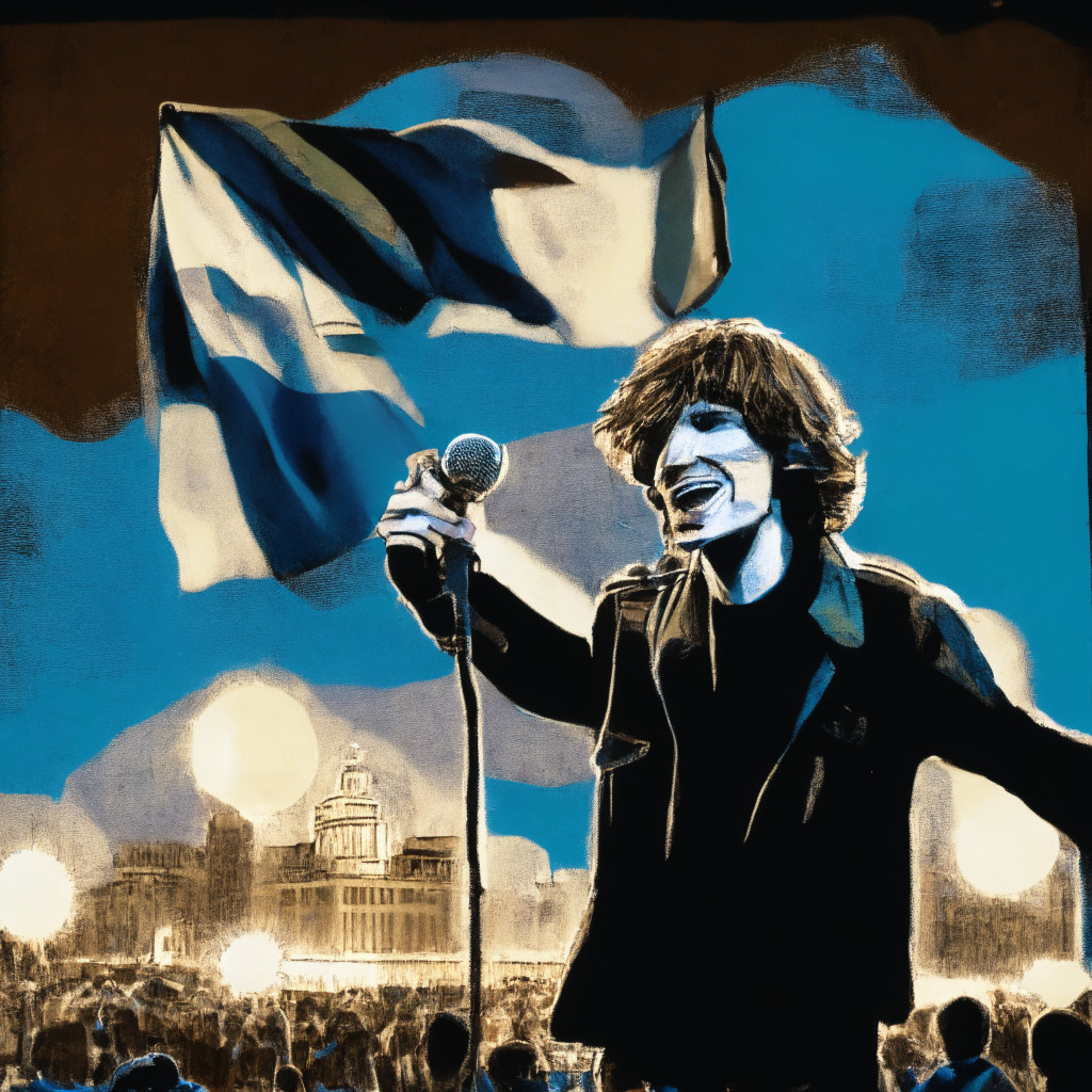 Javier Milei, a lamp-lit figure on stage with a triumphant expression, holding a microphone, before an Argentinian flag in an impressionist style. Argentina's cityscape at twilight forms the backdrop, showing economic hardship among citizens, as crypto coins hover around Milei, symbolising his roots in libertarianism and cryptocurrency. The mood is one of tension and uncertainty, veiled by Milei's victory and optimism.