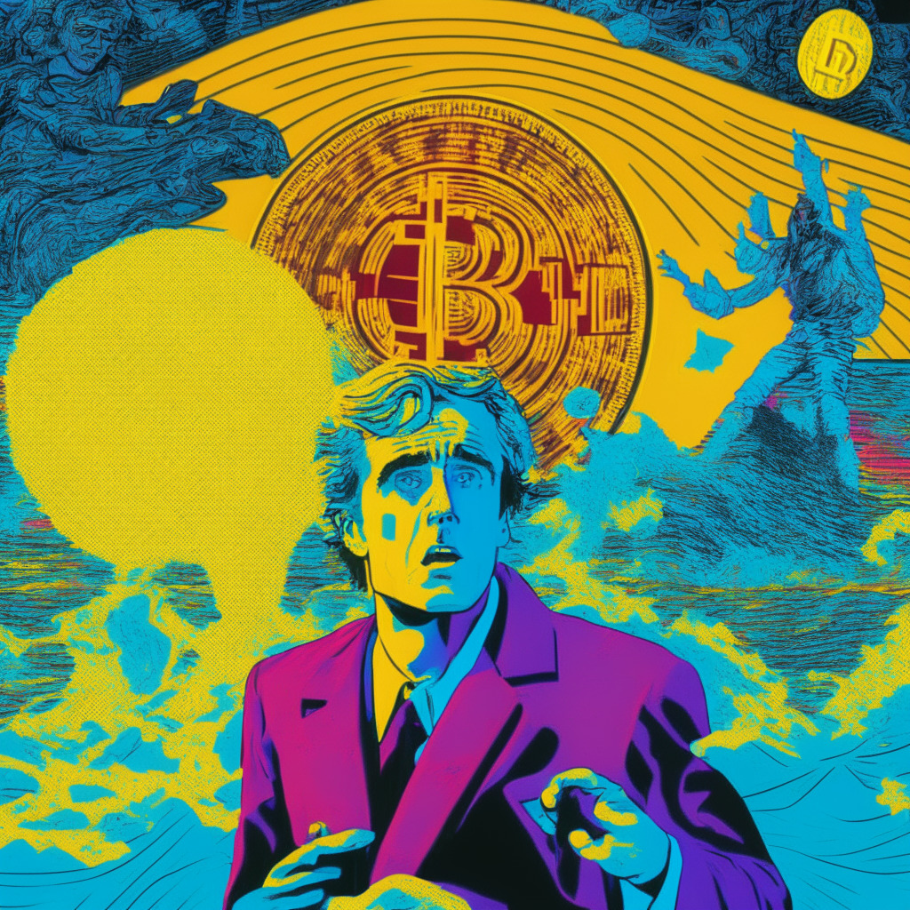 An image in the style of pop art themed around cryptocurrency and politics. Centerpiece of Robert F. Kennedy Jr, earnestly advocating for Bitcoin, against a backdrop of fluctuating currencies represented by a wave-like graph. The scene is suffused with a somber, low-light setting to reflect the current downcast crypto market. Yet incandescent rays break through, symbolizing hope for promising prospects like Toncoin and Sonik Coin. Mood is tense yet hopeful.