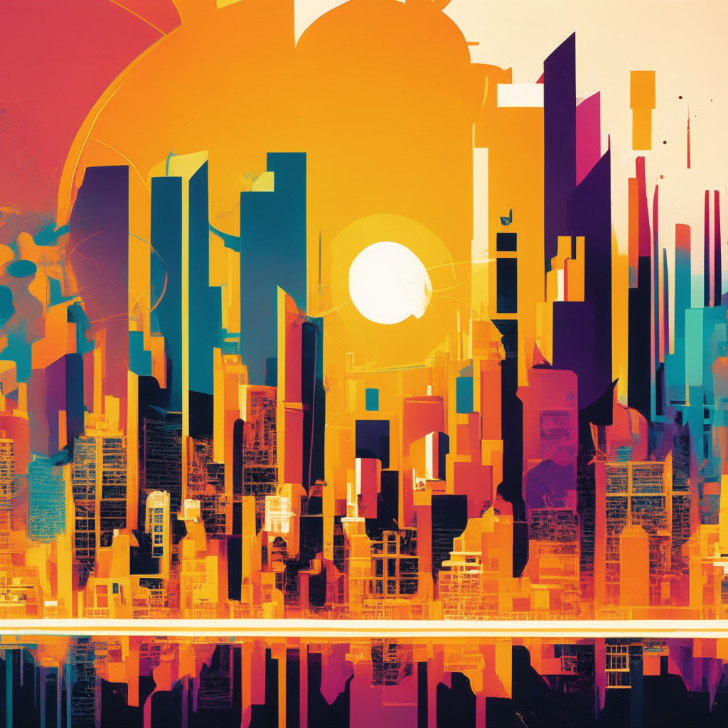 An abstract, vibrant city skyline of an emerging economy, livened with digital elements representing cryptocurrencies, giving off a sense of mysticism and volatility. Muted sunlight casts an ambiguous mood indicating both opportunity and uncertainty, depicting the struggle between innovation, risk, and regulatory control. The city is richly colored in warm, engaging hues, suggesting economic heat, while symbols of regulation hold a cool, calming contrast.