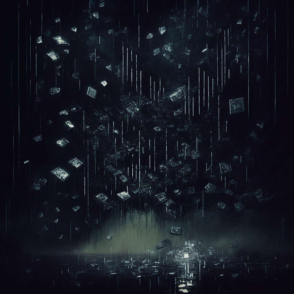 Abstract representation of a vast digital cyberspace grid disrupted by a storm, hinting towards turbulence around a bridge structure. Elements symbolizing lost Ethereum coins scattered like glowing stars. An artistic shift from an optimistic to gloomy mood, reflecting the unease and decline in value. A dark color palette to symbolize the events and attacks, sombre lighting.