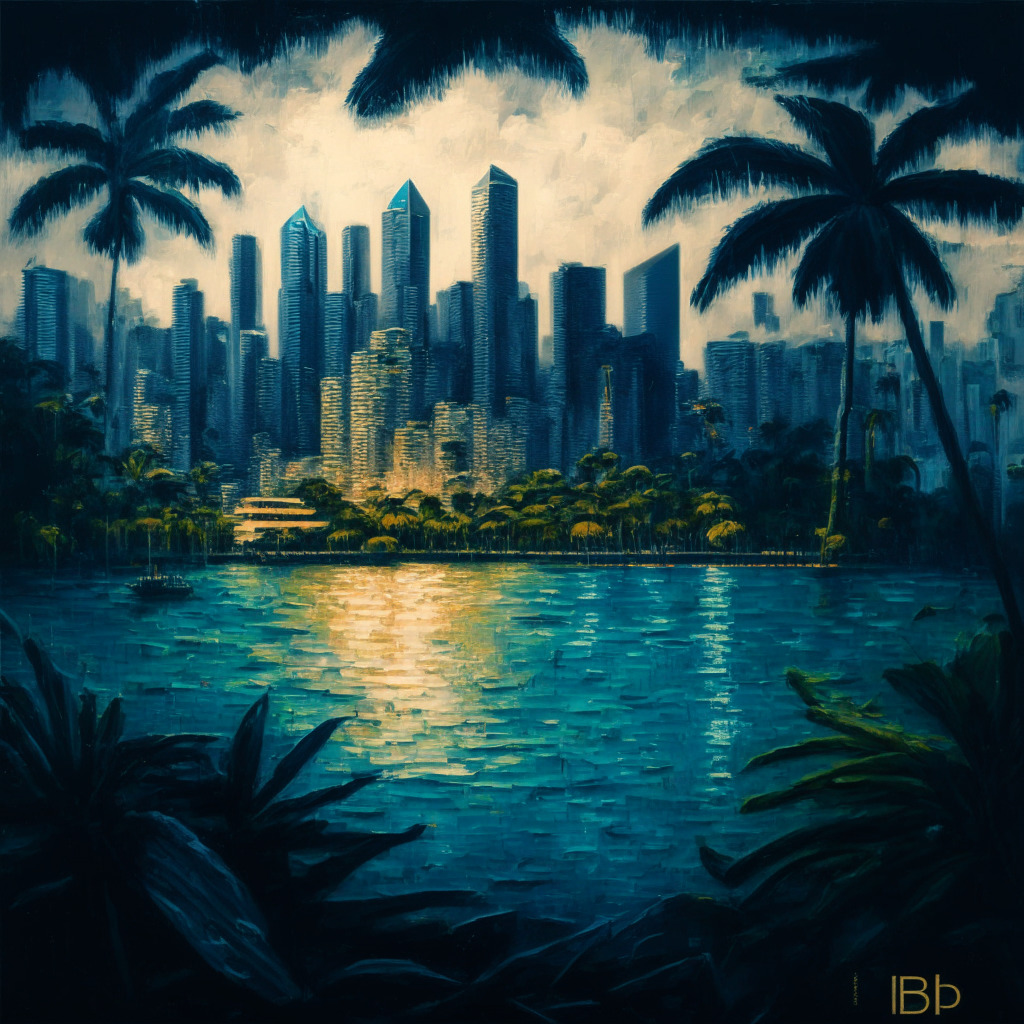 An intricate digital oil painting representing a global cryptocurrency landscape, with touches of Impressionism. Key scenes include a tropical El Salvador with digital currency licenses being granted, a bustling market conveying Coinbase's financial strength, a modernistic Singapore skyline symbolizing the granting of a major license. Dramatic chiaroscuro signifies mixed emotions and inherent risks, with a hopeful yet ambiguous mood.