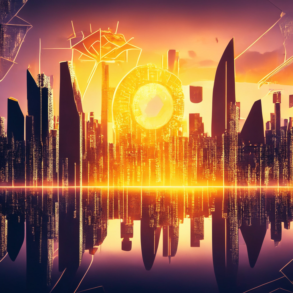 A modern city skyline under a vibrant sunset, immersed in blockchain images and symbols, radiating a feeling of anticipation and evolution. Structures built on Ethereum coins depict COIN's technical achievement - the launch of its Base blockchain - with a hint of futuristic aesthetic. Shadows cast by the SEC and Ripple logos represent the upcoming appeal, adding suspense to the scene. In the distance, a bulky cloud symbolizes both the controversy around PayPal's decision and the uncertain economic landscape. Style: digital futurism, mood: cautiously optimistic, and electrifying.