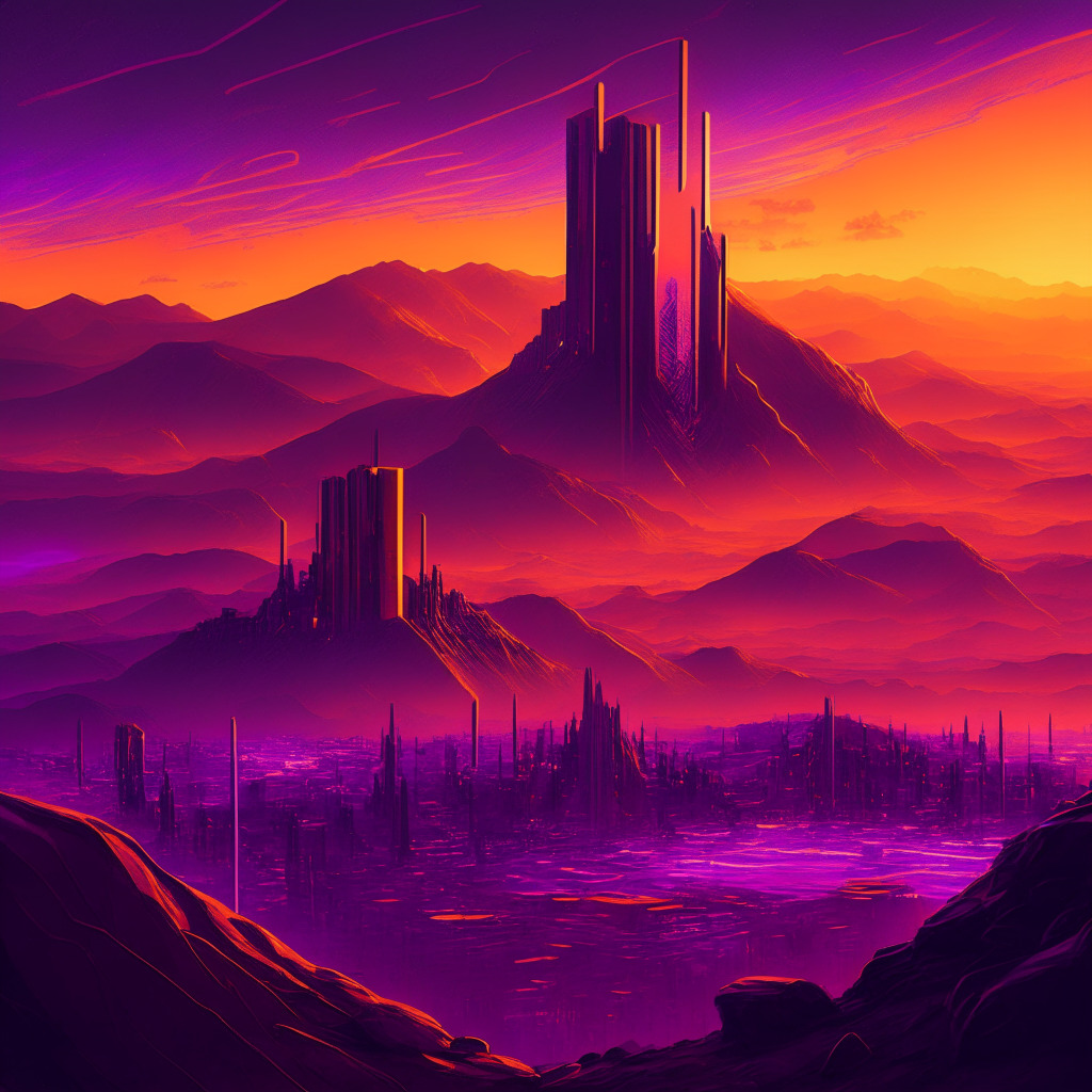 Dusk setting over the Andean landscape of Chile, vibrant streaks of purple, orange, and gold highlighting a futuristic, cubist-inspired city. High-net-worth individuals in progressive attire with digital tablets display holographic cryptocurrency symbols, reflecting a mood of intrigue and optimistic anticipation. A blend of surrealism & futuristic cyberpunk aesthetics.
