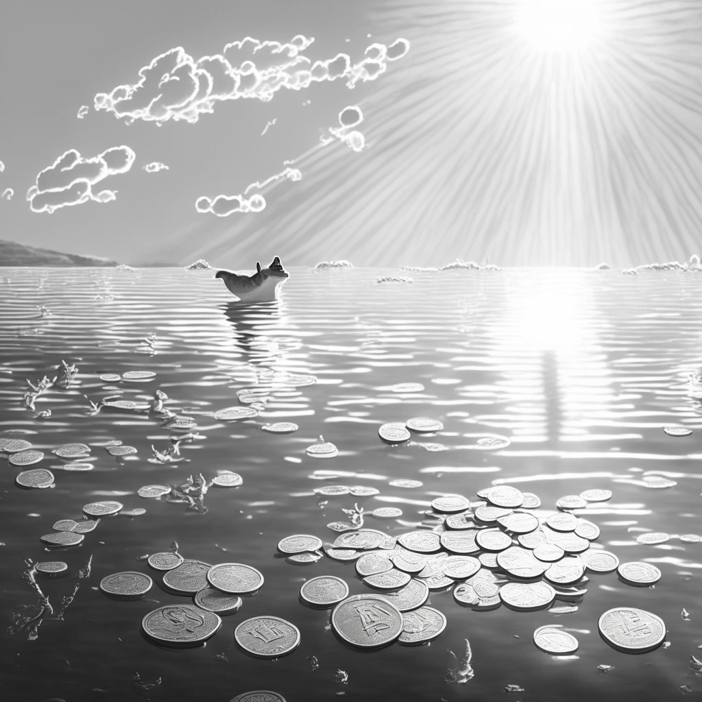 Late afternoon sunlight bathing a calm seascape, dappling grayscale cryptocurrency coins floating in the air in an array of Bitcoin, Ether, Xrp, Litecoin, and Shiba Inu, some dropping slightly, others gently rising. In the sky, a few straggler coins such as Optimism and Rollbit Coin ascend boldly, hinting at optimism amidst serene melancholy.