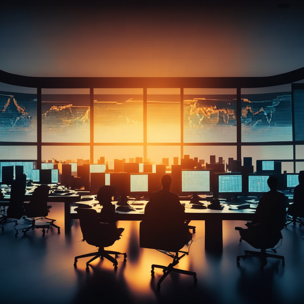 Sunset-lit office interior with empty desks arranged in a modern open-space layout, spectral figures typing on illusionary computers symbolizing a reduced workforce, a prominent computer screen showcasing an unstable line graph to indicate bearish cryptocurrency markets, an abstract representation of a strict complex tax system ensnaring coins pulled from deep, stormy, and tormented clouds, overall tonality evoking a sense of melancholy and resilience.