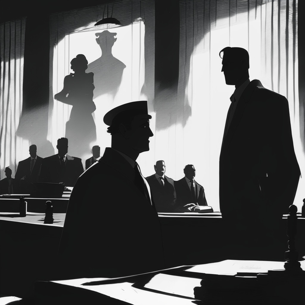 A noir-style courtroom scene, packed with shadow-filled intensity, and an aura of tension. Central figures embodied by a silently stoic man reminiscent of Ryan Salame and a stern-looking judge evocative of Lewis Kaplan. Background whispers of twisted cryptocurrency symbols, campaign donations, and laws, symbolizing the FTX saga. Evening light cast, conveying uncertainty and high stakes.