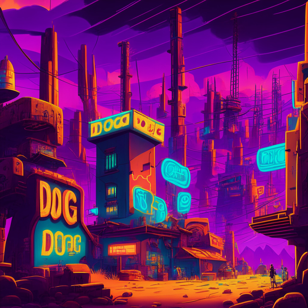 Futurama inspired scene, a futuristic wild west town, named Doge City, overpopulated with electricity consuming mining computers, mixed with bold colors reminiscent of pop-art style. Light illuminates highlighting the electricity consumption. Moody ambiance reflects the volatility of the crypto universe.