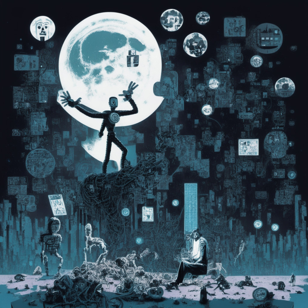 A cybernetic world in turmoil, with robotic figures in confusion symbolizing crypto users. Elon Musk, depicted as a digital puppeteer, toys with a microblogging platform, stylistically similar to street art. Full moon casting long, ominous shadows. Background filled with digital waves representing the cryptoverse, broken up by bots and scam symbols. Foreground shows a crumbling Binance building with anxious figures, giving an unsettling, chaotic mood.